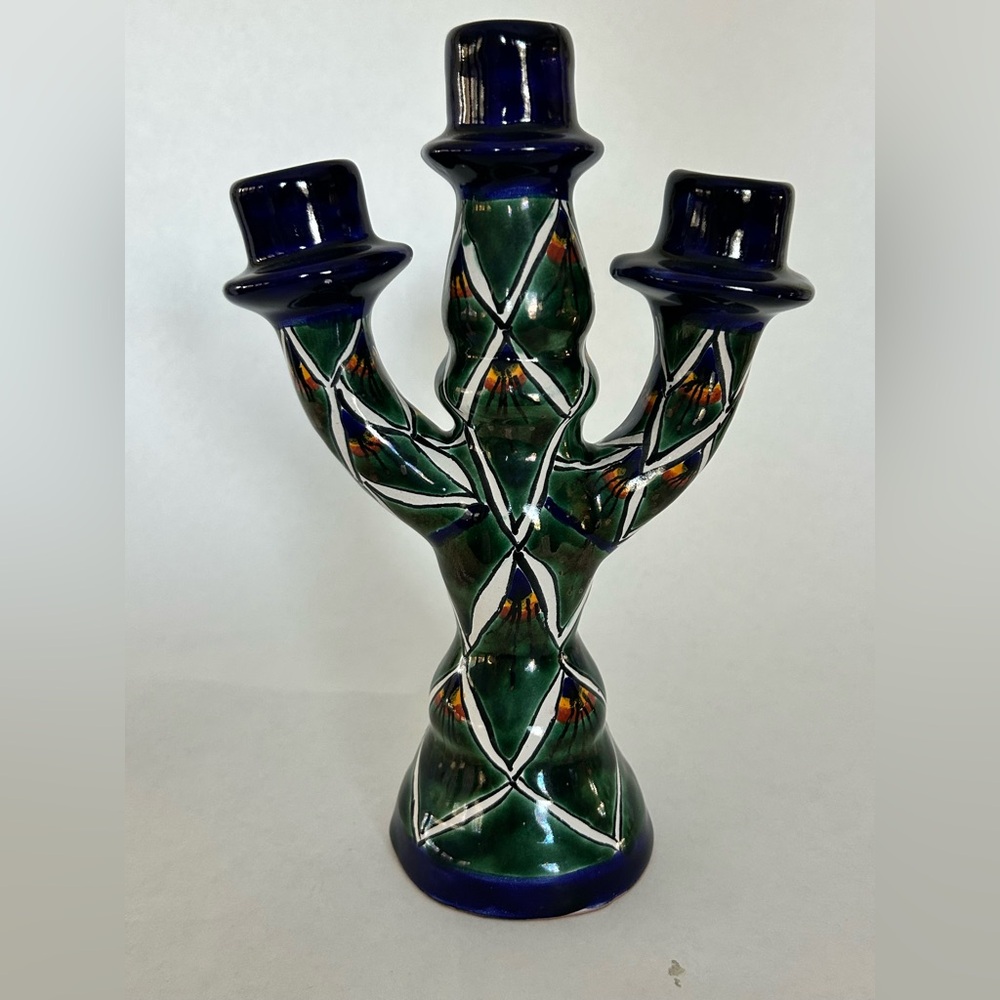 Talavera Mexican Folk Art Pottery 3 Arm Candelabra‎ Candle Stick Holder Handmade